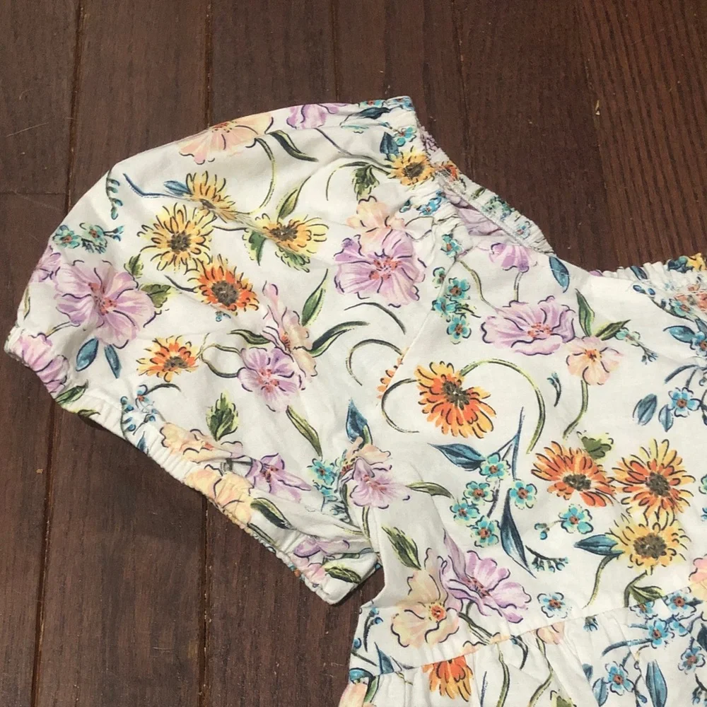 crown & ivy White Floral Cotton Dress with Pink & Yellow Blooms